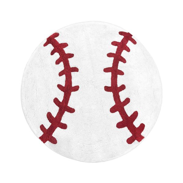 Sweet Jojo Designs Red and White Round Accent Floor Rug or Bath Mat for Baseball Patch Sports Collection