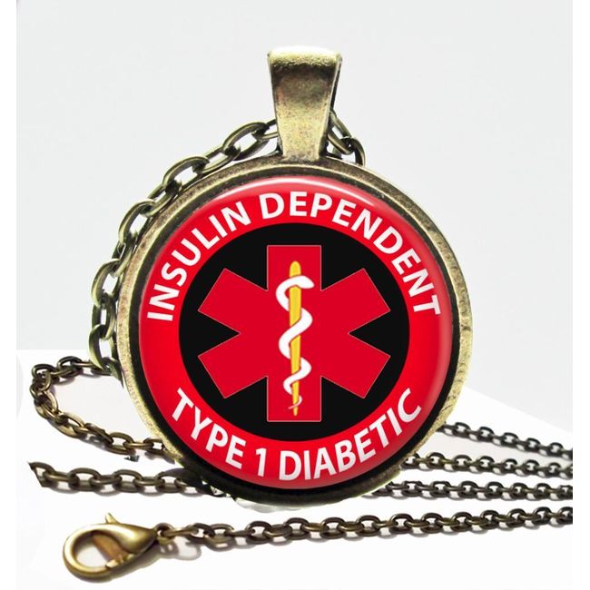 Medical Alert Necklace Type 1 Diabetic Insulin Dependent Glass Top Pendant Chain