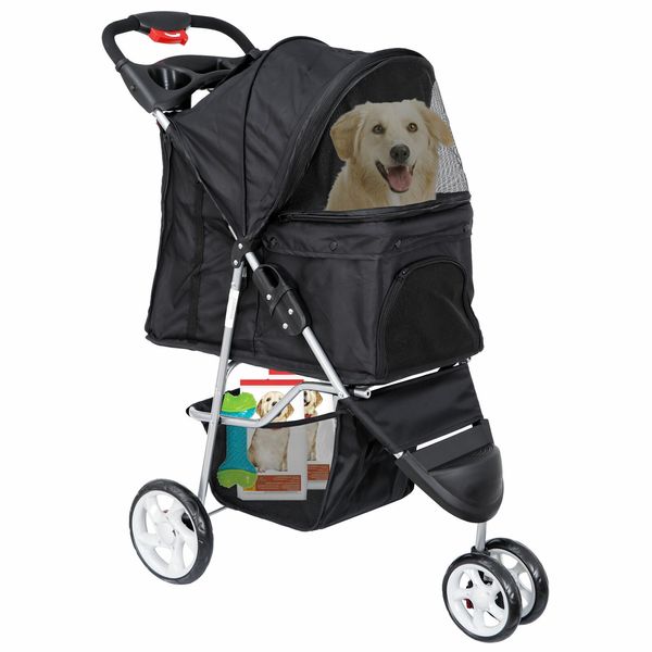 3-Wheel Sturdy Pet Stroller Foldable Dog Stroller Cart Cat Carrier Cart Black