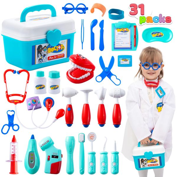 JOYIN 31Pcs Doctor Kit for Kids,Pretend Play Toys, Educational Dentist Medical Kit with Electronic Stethoscope,Doctor Role Play Costume,Durable Medical Dr Kit Toys for Boys Girls Gifts Ages 3+