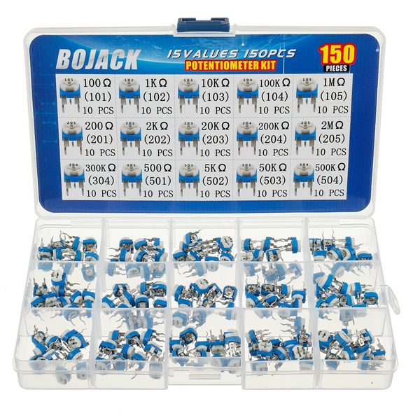 BOJACK 15 Values 150 pcs 100 Ohm- 2M Ohm Variable Resistor 6mm Potentiometer Assortment Kit packag in a Clear Plastic Box