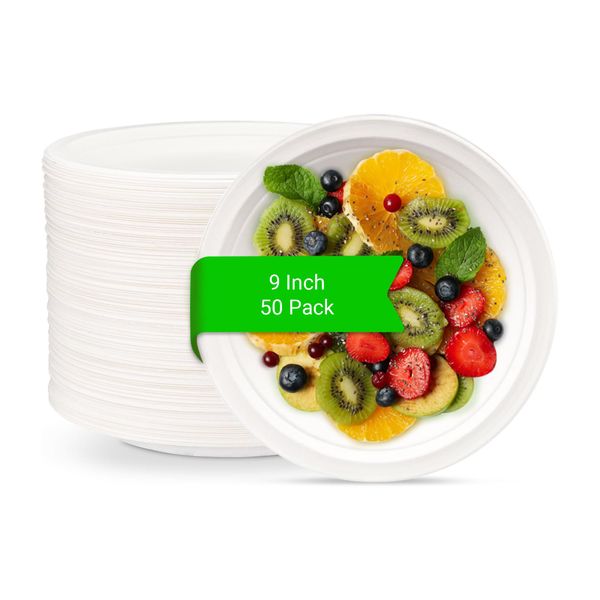 Fasttrack 9-inch Paper Plates, White Paper Plates, Microwave Plate, Small Paper Plates | Super Rigid 50 Pack Extra Strength Bagasse Sugarcane Disposable Plates | Biodegradable Plates, Party Plates