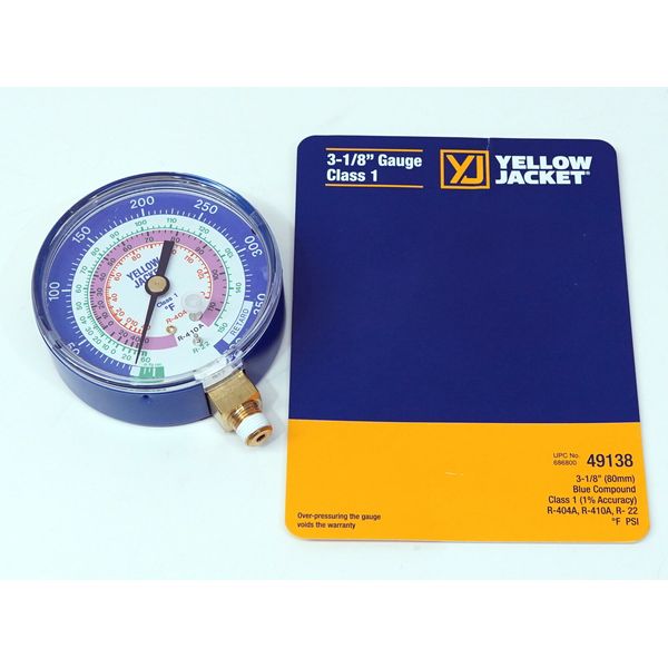 Yellow Jacket 49138 Blue Manifold Pressure Gauge 3 1/8" Low Side R404A R410A R22