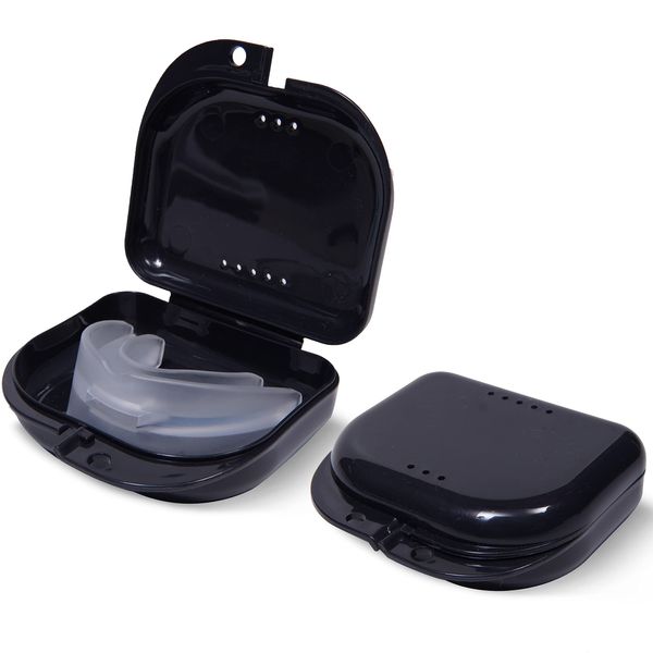 Mrs. Odonto Retainer Case - Pack of 2 - Odorless Mouth Guard Case - Ventilated, Durable & Hygienic for Carrying and Protecting Braces, Dentures & Aligners - 3.14 x 3.14 x 1.1 - (Black)