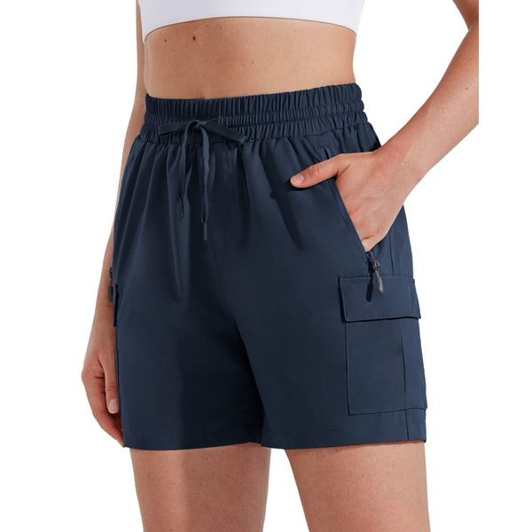 MASKERT Wanderhose Damen Kurz Outdoor Sports Shorts 5'' Laufshort Stretch Sporthose Laufhosen Sommer Kurze Cargohose Wandershorts mit Taschen, Marineblau XL