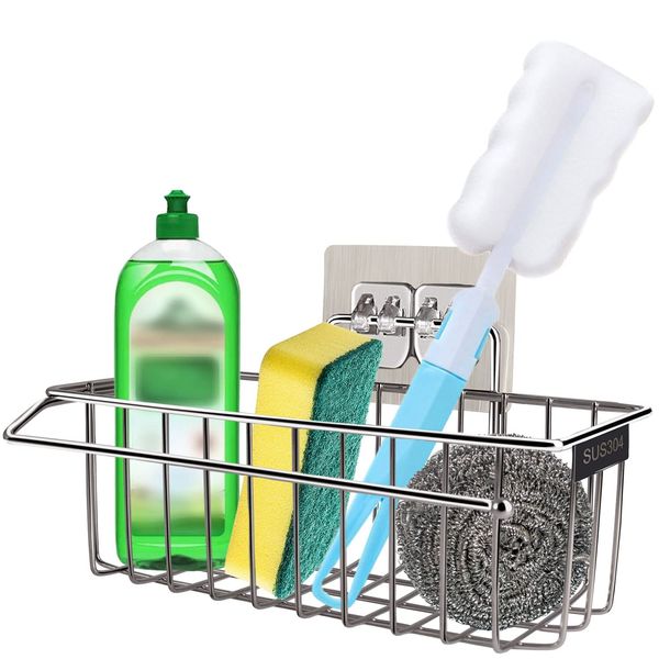 HONZUEN Self-Adhesive Sink Organiser, 2 in 1 No Drilling Required, Sponge Holder, Stainless Steel Kitchen Organiser for Storage, Sponges, Brush, Cleaning Products
