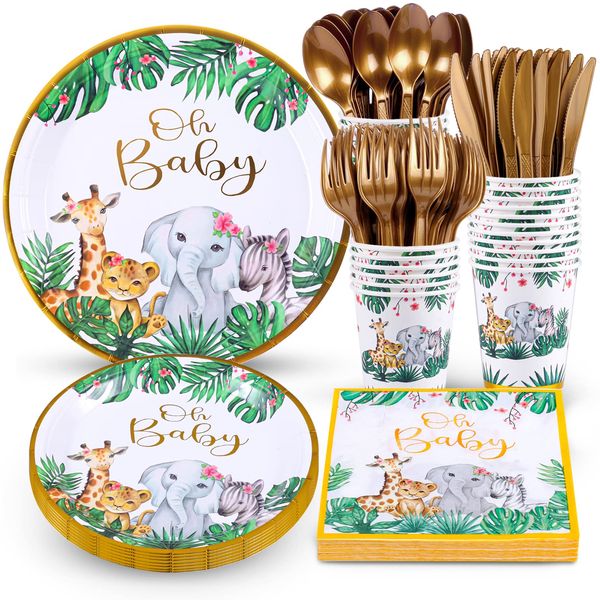 Atonofun Safari Party Supplies, Baby Shower Plates and Napkins Set, Jungle Oh Baby Paper Plates, Cups, Napkins and Cutlery for Safari Birthday Decorations, Baby Shower, Jungle Themed Parties Serves 24