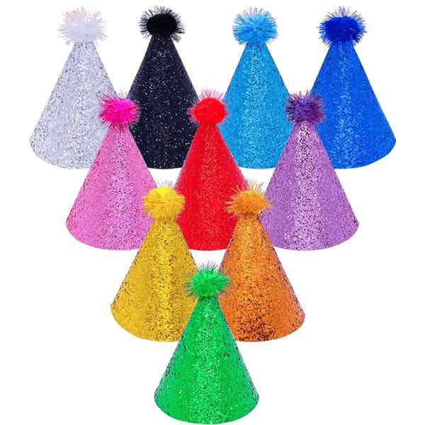 JpGdn 10 Pcs Pack Cone Party Hat with Adjustable Headband Glitter Reusable Happy Birthday Hats Children Birthday Supplies Decorations Pom-pom Party Hats for Kids Adults