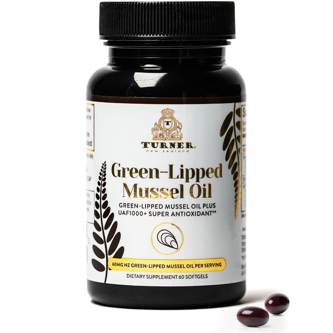 Turner New Zealand Green Lipped Mussel Oil, 53x Higher Potency with UAF1000+ Super Antioxidant for Superior Joint Comfort & Mobility, No Fishy Aftertaste, 1 Bottle, 60 Softgels