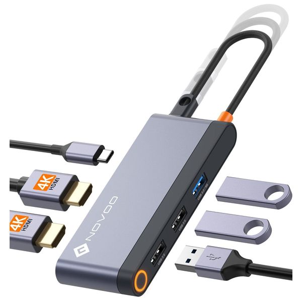 NOVOO USB C Docking Station 4K@60Hz Dual HDMI USB C Hub Adapter mit 2 HDMI 4K@60Hz,PD 100W Schnellladen, 3X USB-A für MacBook Pro M2, Dell, HP, Lenovo, Surface und mehr Typ C Geräten