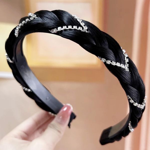 Headband 3 Strands Synthetic Hair Plaited Headband Braided Headband With Teeth Hair Band Hoop With Rhinestone Crystal Stretch Braid Headband Hairpiece Headdress for Women (Black, Width 0.8 Inch)