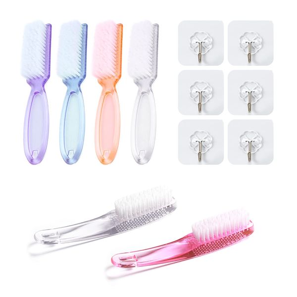 6pcs Nail Cleaning Brushes, 6 Transparent Hooks, Plastic Multi-Color Nail Dusting Brushes, Long handle, Curved handle Cleaning Brushes, Manicure Tool, Suitable for Nails and Toes