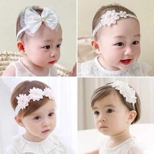 Baby Hair Bands, Pack of 4, Baby Hair Accessories, Kids, Girls, Hair Ornament, Lace, Cute, Stylish, Baby Headband, Elastic Band, Celebration, Birthday, Anniversary, Photography, Baby Shower Gift (C)