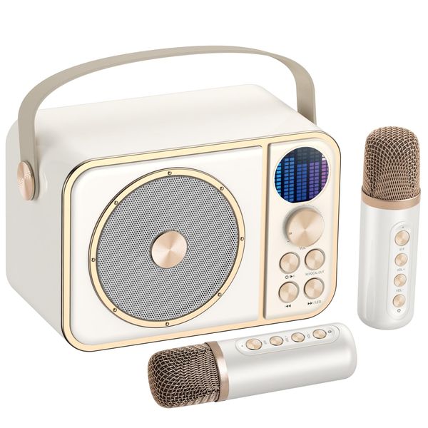 BESCOST Mini Karaoke Machine for Kids Adults, Portable Bluetooth Speaker with 2 Wireless Microphones, Kids Karaoke Machine for Girls Boys,Toys Birthday Gifts for 3-12+ Years Old Toddler(White)