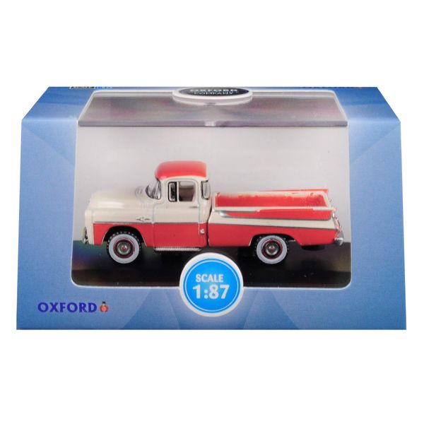 1957 Dodge D100 Sweptside Pickup Truck Tropical Coral and Glacier White 1/87 (HO) Scale Diecast Model Car by Oxford Diecast 87DP57001