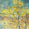 Wrapables 100% Mulberry Silk Square Scarf, Van Gogh's Peach Tree in Bloom