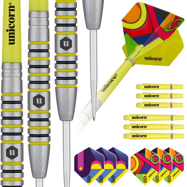 Unicorn Professional Darts Set | Flair 4 | 80% Natural Tungsten Barrels with Black & Yellow Accents & Laser Etched U Logo Hallmark | Steel Tip | 23 g | Extra Flights & Shafts