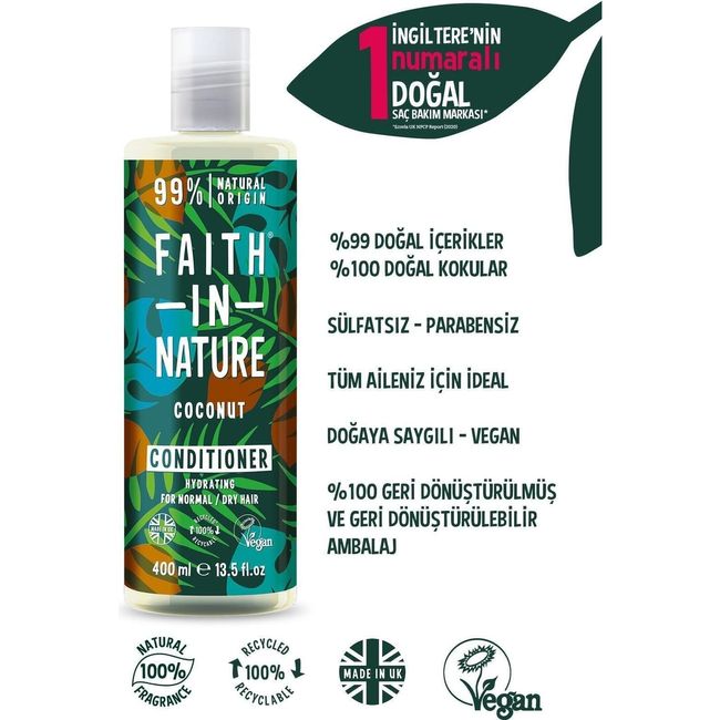 FAITH IN NATURE Coconut / %99 Doğal İçerikli Saç Bakım Kremi-Nemlendirici Hindistan Cevizi Normal&Kuruya Dönük Saçlar İçin