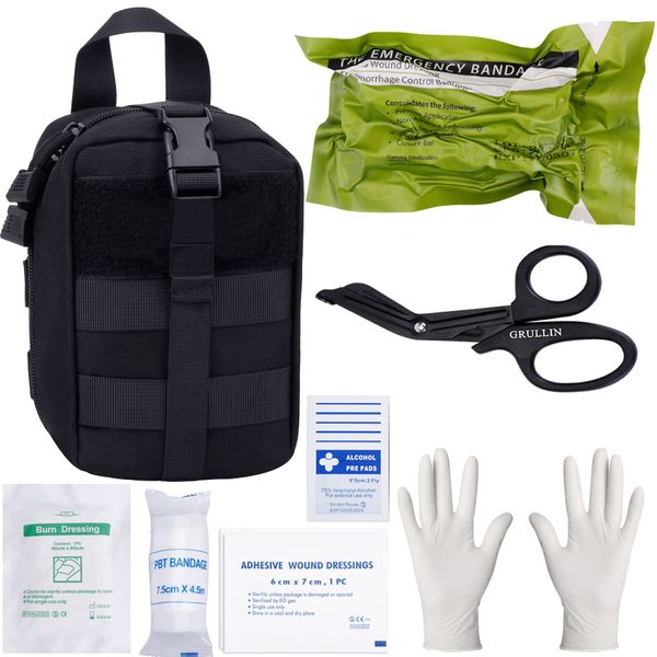 GRULLIN IFAK Trauma Kit, Mini MOLLE Emergency First Aid Kit, Outdoor Field Dressing EMT Bag for Adventure, Hunting, Camping, Hiking, Travel, Disaster and Accident (Black)