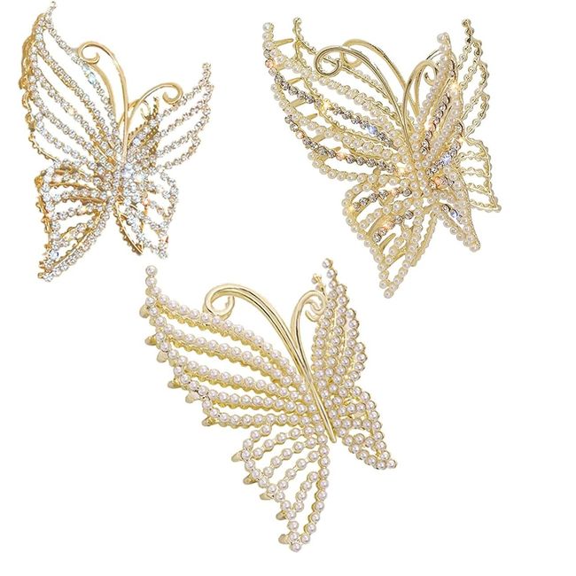 MJARTORIA Blumen Haarklammer Groß Metall Strass, Schmetterling Haarspange Damen mit Perlen, Rutschfestes Haarschmuck Clips für Dünnes Haar Dickes Haar Accessoires (Gold Perlen Strass 3er)