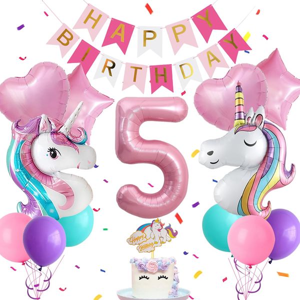 Yancan Unicorn 5th Birthday Decorations for Girls, 5 year old Girl Birthday Party Supplies with Happy Birthday Banner, Unicorn Foil Balloons, Heart and Star Balloons, Cake Topper