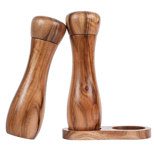 DeroTeno Salt and Pepper Grinder Set with Mill Tray, Set of 2 Salt and Pepper Mill with Ceramic Grinder Acacia Wood, Height 20.5 cm, Dia 6 cm