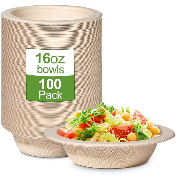 GREENESAGE 100 Stück Pappschalen Einweg Suppenschalen 470ML aus Zuckerrohr Einweggeschirr Einmal Schalen Einwegsuppenschale Bio Suppenschüssel Rund Braun Kompostierbares