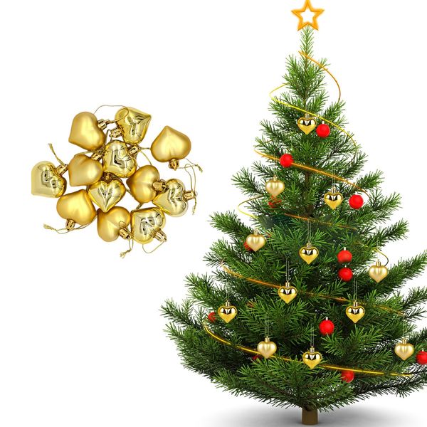 Christmas Ornaments Heart Set of 12 Stylish Heart Shaped Christmas Ball Ornaments Scandinavian Garland Christmas Tree Ornaments Valentine's Day Wedding Party Decoration (Gold)