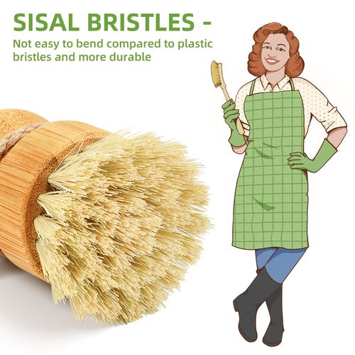 SUBEKYU Bamboo Dish Scrub Brush for Kitchen Sink, Natural Wooden Washing Dish Brush Scrubber, Sisal Bristles Brush for Household Cleaning Cast Iron Brush Pots, Pans and Vegetables