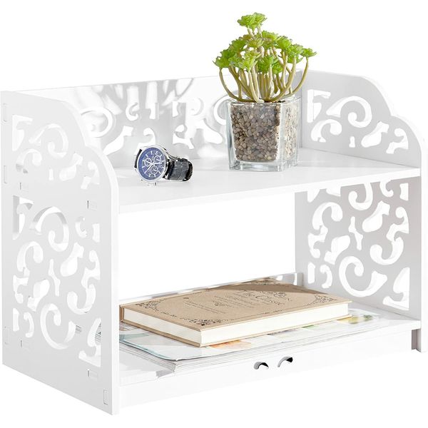 White Cutout Scrollwork Design Desktop Bookshelf, Stationery Organizer Shelf