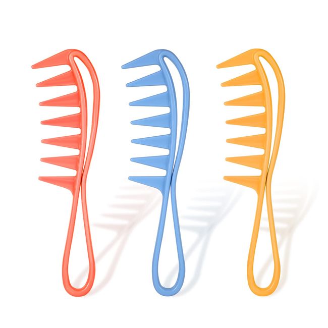 3Pcs Wide Tooth Comb, Large Tooth Combs Wide Tooth Curl Comb Shark Teeth Hair Hairstyle Tool for Curly Wet Wavy Thick Hair Wigs Barber Salon, Women Men (Orange, Blue, Pink)