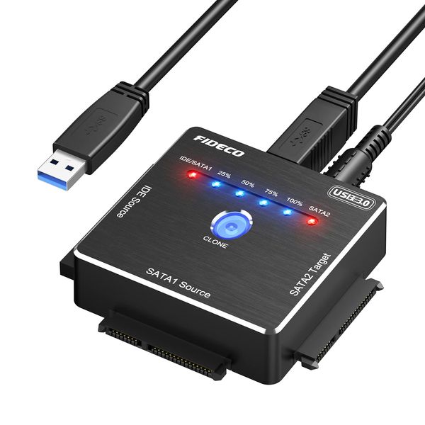 FIDECO USB 3.0 zu IDE und SATA Adapter, SATA zu IDE Festplatten Konverter, Externes Festplattenadapter für 2,5 und 3,5 Zoll HDD SSD, DVD-ROM/CD-ROM/CD-RW, Unterstützt Offline-Klonen