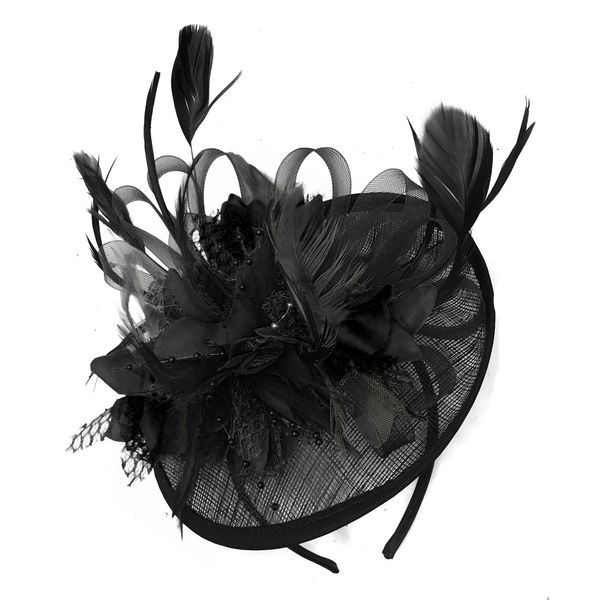 Black Sinamay Disc Saucer Fascinator Hat for Women Weddings Bird Cage Veil Headband