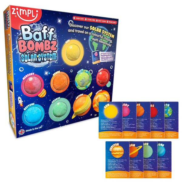 9 x Solar System Bath Bombs Gift Set, 9 x Planetary Fact Cards, Educational Planet Bath Bombs for Children, Science Kits for Boys & Girls, Bath Toy Birthday Presents, Learning Pocket Money Gifts