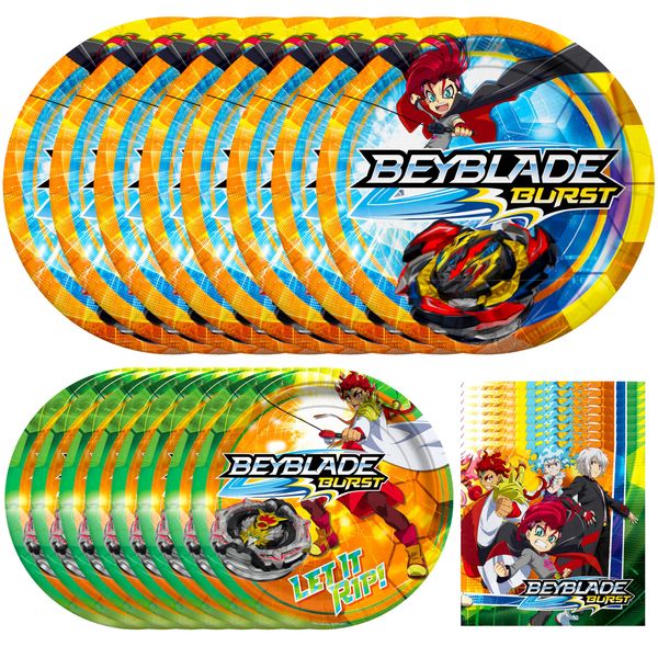 Treasures Gifted Officially Licensed BEYBLADE BURST Party Supplies - Serves 16 Guests - Starter Set BEYBLADE Party Supplies - BEYBLADE Birthday Party Supplies - BEYBLADE Plates & BEYBLADE Napkins