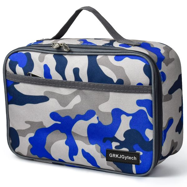 GRKJGytech Insulated Lunch Bag For Men Kids, Portable Leakproof Food Drink Camo Cooler Bag for Boys Girls Pack Lunch Box For Work School Picnic Camping(Camo Blue)