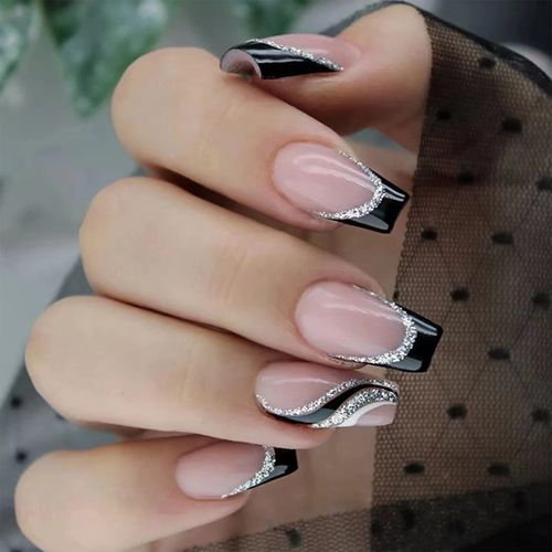 24pcs Short Coffin False Nails French Black Tip Stick on Nails Silver Glitter Edge Press on Nails Removable Glue-on Nails Fake Nails Women Girls Nail Art Accessories