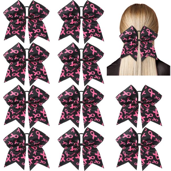 10 Pieces 7 Inch Breast Cancer Awareness Large Cheer Hair Bows Ponytail Holder Elastic Cheerleader Bow Holder Ribbon Hair Band For Breast Cancer Month (Pink)