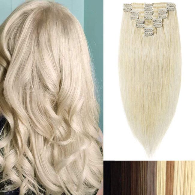 Clip In Extensions Echthaar 100% Remy Echthaar Haarverlängerungen 8 Tressen 18 Clips Extensions Echthaar Clip in Standard Weft Glatt 60cm / 120g (#60 Platinum Blonde)