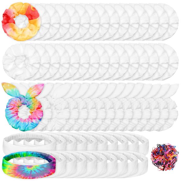 Riceshoot 65 Pcs White Cotton Hair Accessories for Tie Dye Party Supplies Including 30 Scrunchies 15 Bow Hair Ties 20 Headband Non Slip Stretchy Elastic Head Wrap Holder for Women DIY Tie Dye