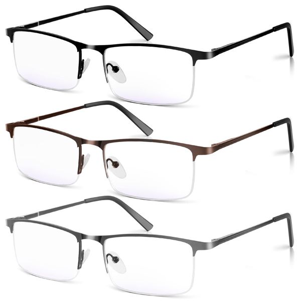 WEIMELTOY 3 Pack Blue Light Blocking Reading Glasses for Men, Stylish Half Frame Metal Computer Readers, Lightweight Spring Hinge Eyeglasses Anti Eyestrain/Glare/UV (Mix Color, Black+Grey+Brown, 1.75)