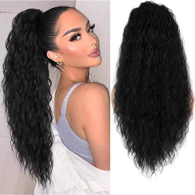 Allyreetress 26 Inch Long Curly Drawstring Ponytail Extension for Women Clip in Ponytail Hair pieces Synthetic Long Curly Wavy Clip in Pony tail Hair Extensions for Daily Party Use (26 Inch, Black)