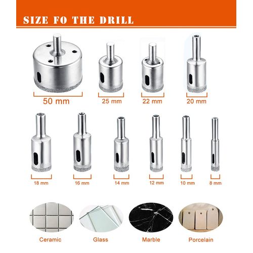 Diamond Drill Bit, Hole Saw Drill Bits Tools Set for Glass/Tile/Ceramic/Marble/Porcelain Cutting, Hollow Core Drill Bits Cutter with Diamond Coating, Carbon Steel 8mm-50mm 10 PCS
