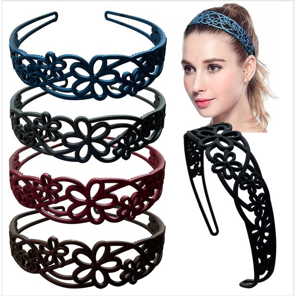 Yazon 5pcs Wide Flower Headbands for Girls Women Plastic Hairbands with Teeth Hard Hair Hoops