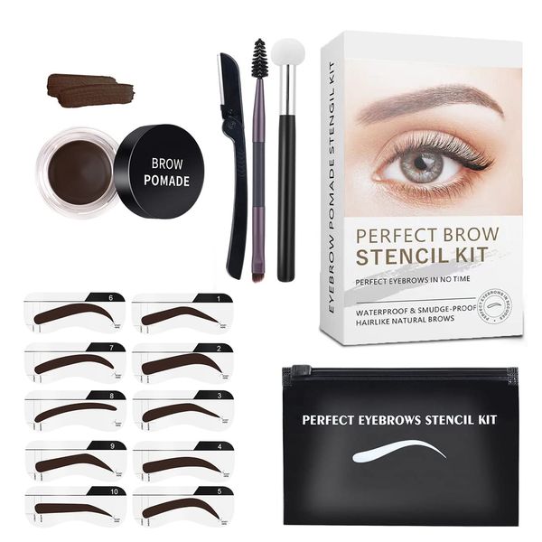 Eyebrow Stamp Stencils SET with 10 Reusable Eyebrow Stencils, 1 Dual Ended Brush and 1 Sponge Applicator, Long-Lasting Waterproof Eyebrow Kit