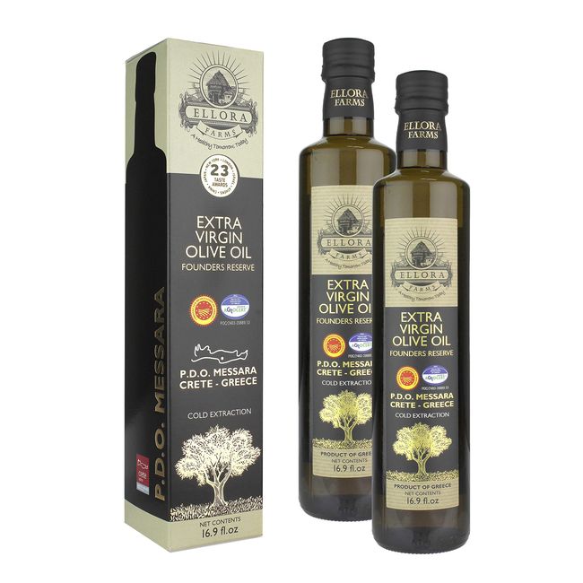 Ellora Farms, Extra Virgin Olive Oil, Certified PDO Messara, Greece, Gold Medal Winner New York, London, Israel, Tokyo, First Cold-press, Phenol Rich, Keto Diet, Dark Bottle Gift Box 17 FL oz., Pack of 2