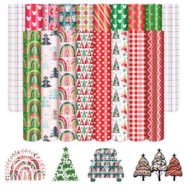 Tintnut Christmas Permanent Vinyl - 16 Sheets 12"x10", Red Rainbow Adhesive Vinyl, Green Tree Pattern Vinyl, Permanent Outdoor Vinyl for Christmas Decor Self Sticker