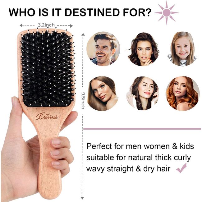 Boar Bristle Hair Brush, 100% Pure Boar Bristle Paddle Brush for Women Men  Kids Thin, Fine, Long, Curly or Any Type of Hair, Restore Shine & Texture