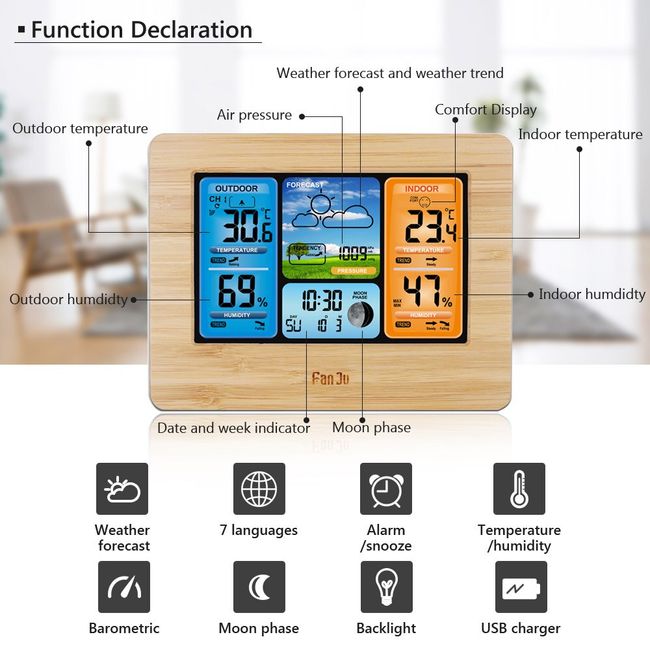 FanJu FJ3373 Multifunction Digital Weather Station LCD Alarm Clock Indoor  Outdoor Weather Forecast Barometer Thermometer Hygrometer with Wireless  Outdoor Sensor USB Power Cord 