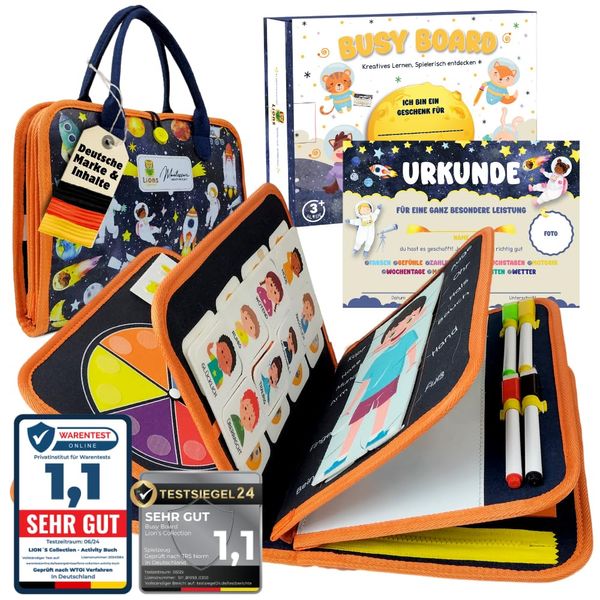 Lion's Collection® Busy Board German - Montessori Toy from 3 Years to Promote Motor Skills and Creativity - Activity Board for Children - Busy Book with 24 Activities on 10 Pages